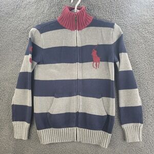 VTG Polo Ralph Lauren Sweater Gray Blue Boys Medium (8/10) Striped Full Zip Mock